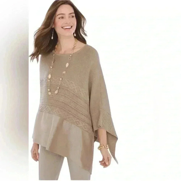 Chicos sueded trim knit poncho tan brown asymmetrical size xl. - Picture 1 of 11